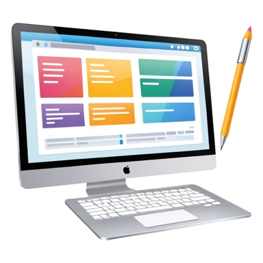 Modern icon for Web Design: a computer screen displaying a website layout, HTML code, and design tools like a stilus and color palette. Transparent background. sticker