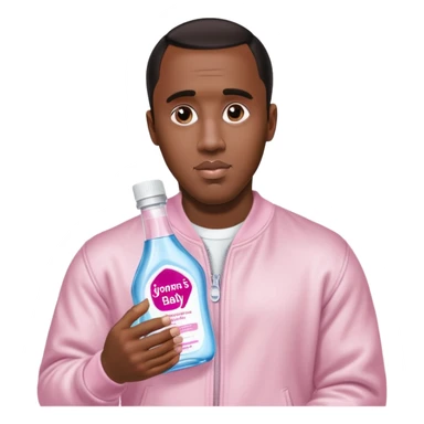A realistic product shot of a transparent bottle of Johnson’s Baby Oil by Johnson & Johnson, featuring a soft pink label. The oil inside is crystal clear and glossy. Sean "Diddy" Combs is holding the bottle sticker