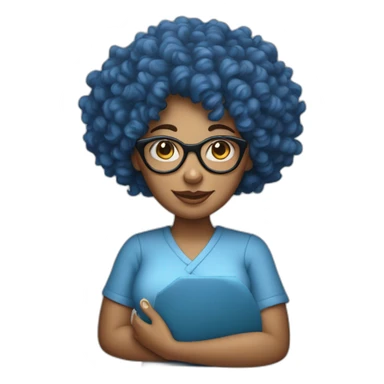blue curly hair woman with glasses holding a ham sticker