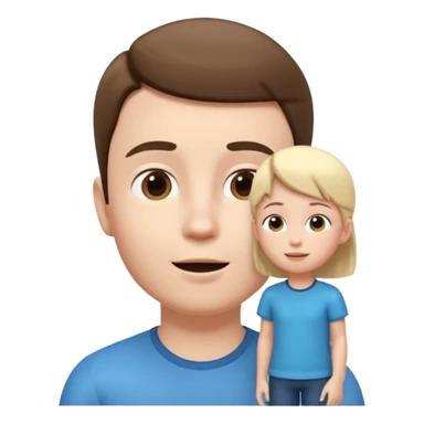 A 3D cartoon child looking up at a tall adult, white background, friendly expression, Memoji-style. sticker