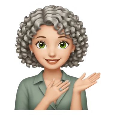 silver, short, wavy-haired with curls, smiling pretty lady, 2 fingers crossed on one hand, green/brown eyes sticker