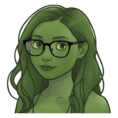 Light skinned Woman with dark roots brown  balayaged long hair and quadratic thin glasses sticker