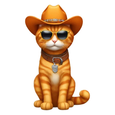 Orange cat wearing cowboy boots, cowboy hat, sunglasses & a belt sticker