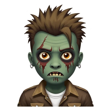 Um garoto zombie de cabelo castanho escuro, com o cabelo chegando no pescoço, punk, com olhos castanhos esverdeados, de camisa branca sticker