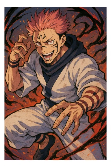 Sukuna character inspired by anime style, visual interpretation 1, detailed, dynamic pose, vibrant colors sticker