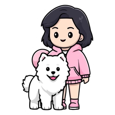 black-haired girl in pink Chanel style outfit with white Samoyed dog sticker