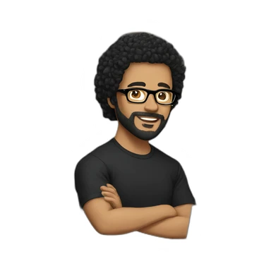 men with black curly hair and beard and golden glasses in black t-shirt work on computer sticker