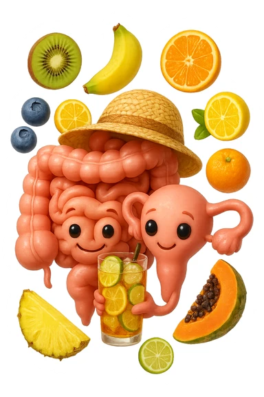 EMOJI STILE IPHONE DI INTESTINO E UTERO UMANI REALISTICI CON CAPPELLO DI PAGLIA DA SPIAGGIA CHE BEVE UN Tè FREDDO IN BICCHIERE DI VETRO CON DENTRO  fette di cetriolo, limone, lime, DIETRO L'INTESTINO FLUTTUANO PEZZETTI DI Kiwi
Banana acerba
Arance e mandarini
Mirtilli
Ananas
Papaya
IPERREALISTICO 4K sticker