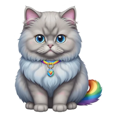 gray Persian cat full body sitting with blue eyes and rainbow belt sticker