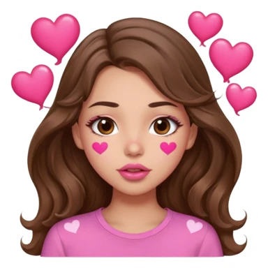girl with long wavy brown hair, brown eyes, light to medium complexion, in a pink shirt, pink lips, long lashes, puckering lips kissing, blushing with hearts sticker