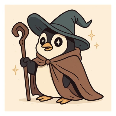cartoon penguin wizard wearing cloak and holding staff, twinkling eyes, whimsical style, light background sticker
