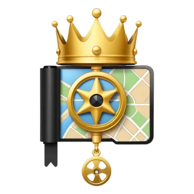 map pin with film reel and crown, elegant and shiny, premium video location, apple style emoji sticker