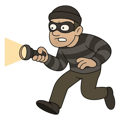 white man dressed as a robber, sneaking with a flashlight, flat toon style sticker