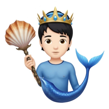 boy, black hair, brown eyes, white skin, Triton, with Triton in hand and blue Triton tail  sticker