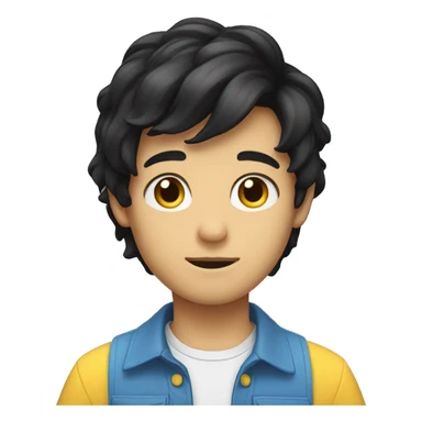 emoji of a boy with full black hair, white, brown eyes wearing a blue shirt with yellow sleeves sticker