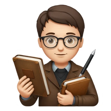 writer holding pen in hand and closed book in other hand, wearing glasses sticker