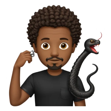 Homme noir, yeux marron avec un bouc que le menton, cheveux court et bouclé crépus avec dégradé sur le côté, avec un cobra à côté , t-shirt noir  sticker