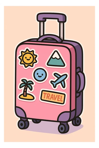 pink and purple rolling suitcase with various travel stickers, thick line art, flat pastel colors, graphic shadows and highlights, white sticker outline, cute cartoon style sticker