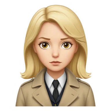 detective woman in long coat, blond hair, white skin sticker