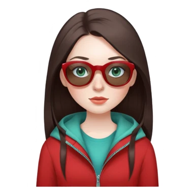 girl with long lashes, dark brown hair with greyish tone, with straight long hair, blue green eyes, in red clothes, with pale skin with freckles, and long lashes, brown clothes and sunglasses  sticker