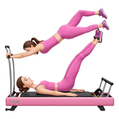 long brown hair girl doing a plank on a pilates reformer in a pink workout set sticker