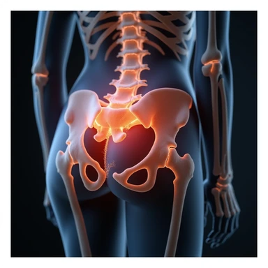 Anatomical view of piriformis muscle on a seated woman, highlighted in red in the gluteal region, bones and other muscles visible in transparency, hyperrealism 4K, white background sticker