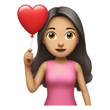 Asian girl with long hair wearing a pink dress holding a red heart ballon sticker