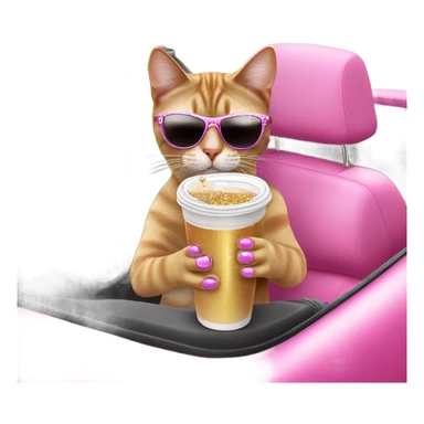 Cat with iced out jewelry and glittery sunglasses sipping on an iced coffee in a pink convertible sticker