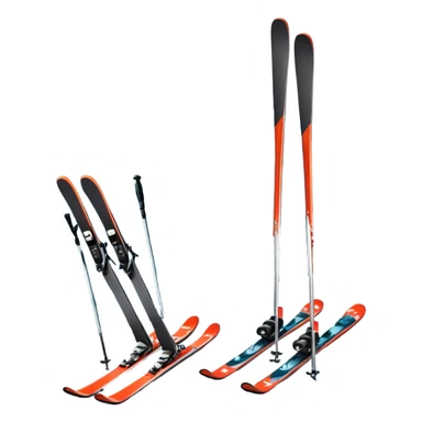 An icon featuring a pair of skis and ski poles in the foreground, set against a picturesque snow-covered slope. The background includes snowy peaks and evergreen trees, symbolizing the excitement and beauty of winter sports. Transparent background highlights the thrill of skiing and snowboarding. sticker