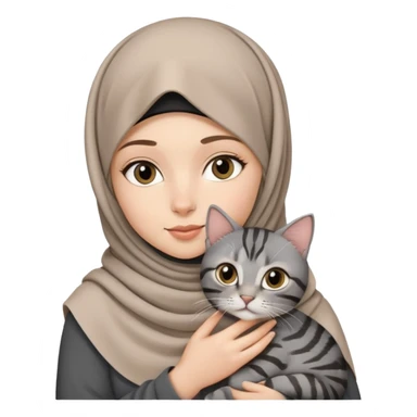 White girl wearing hijab holding a black grey tabby cat sticker