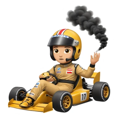 drifting car with tires smoke and a driver with a f1 helmet sticker