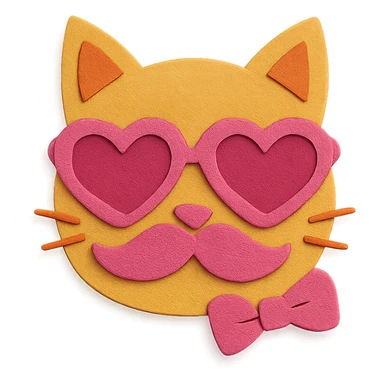 cat with pink heart sunglasses, pink moustache, and pink bow in paper craft style sticker