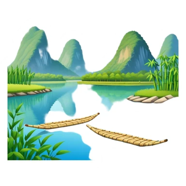 Yangshuo karst peaks with bamboo raft on river Guilin, simplified emoji style with bold outlines and bright colors, cartoon style mountains with clear blue sky sticker