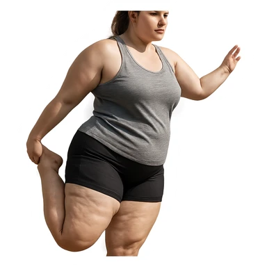 hyper realistic 4K woman stretching, fat on thighs and legs, normal physique, natural light, realistic details sticker