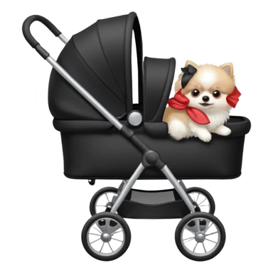 A white Pomeranian dog sits in a black baby stroller. A wheelchair with a folded roof. The image quality is ultra realistic. sticker
