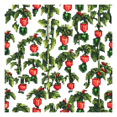 Green pepper plant with bright red bell peppers growing on stems sticker