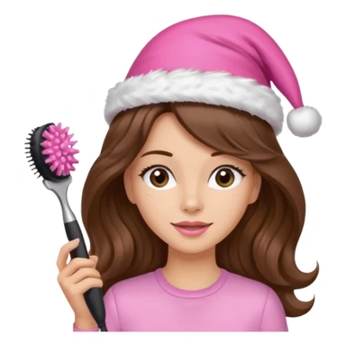 mujer peinandose en la peluqueria y con un gorro de navidad rosado, cabello largo café y ondulado sticker