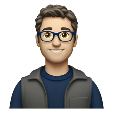 caucasian white man with dark hair, blue glasses, and carrying design plan because he is an architect carrying a pencil and a set model maquette. wearing a navy blue long sleeve sweater shirt. smart.  sticker