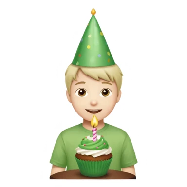happy child with a green party hat and green shirt, in front of a birthday cupcake, festive mood sticker