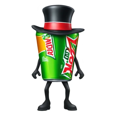 Mountain dew can with legs and arms while wearing a top hat sticker