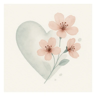 heart with sakura flowers and silver accents, watercolor style sticker