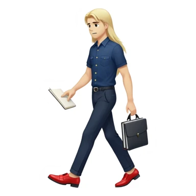 Guy with super long straight blonde hair wearing a short sleeve navy button up untucked black pants red shoes walking holding a notebook sticker