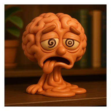 Create a 3D cartoon brain character with a dazed expression, melting or spiraling, in the same style as the provided bobblehead reference image. sticker
