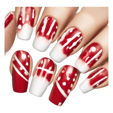 Long red and white acrylic nails on medium skin ton sticker
