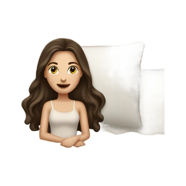 white girl with long dark brown hair sitting in a bed with beige comforter sticker