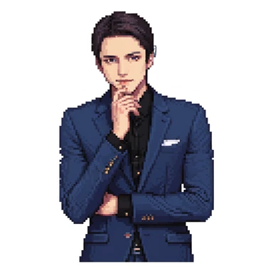 Flat pixel art, focused and reserved male thinker, fair skin, short sleek dark hair, intense sharp eyes, wearing a deep indigo suit jacket over a black shirt, left hand thoughtfully touching chin, waist-up, front-facing sticker