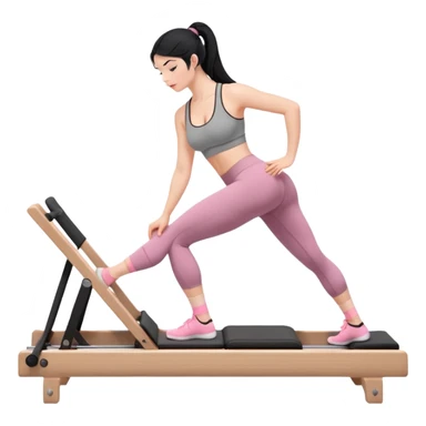 Create a Pilates emoji: a girl with fair skin and black hair, wearing a grey bra and grey leggings with pink pilates socks, on all fours on a wooden reformer. Make it look at the reformer. Make the colors neutrals. sticker