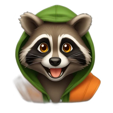 brown raccoon with orange eyes and a dark green hood that is laughing sticker