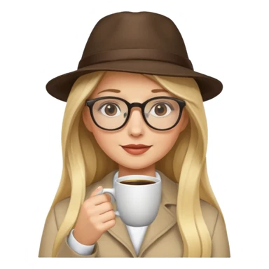 long hair blonde woman drink coffe with hat and glasses sticker