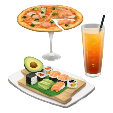 pizza with sushi and a drink sticker